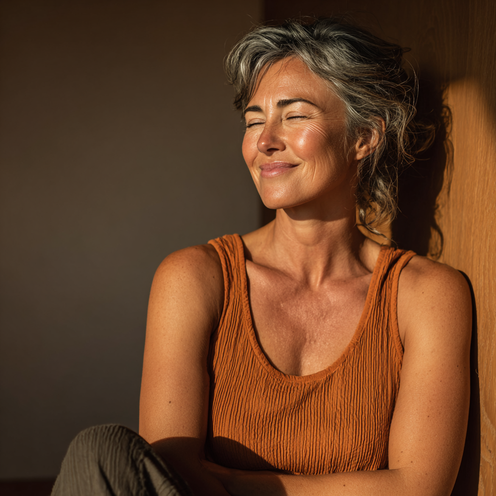 Happy mature woman in her late forties smiling peacefully after yoga practice wearing comfortable clothes