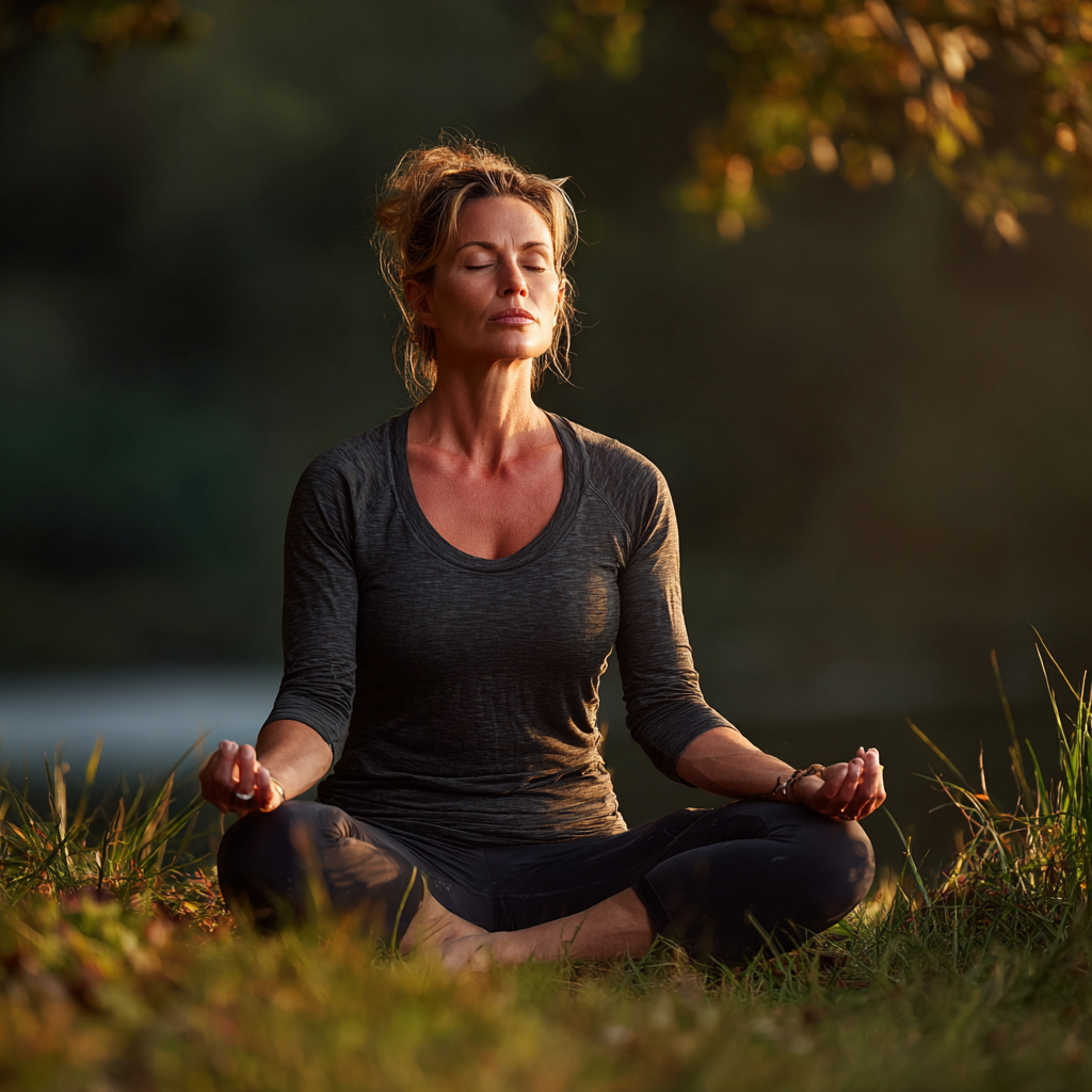 Peaceful woman in her forties practicing yoga meditation pose outdoors in natural setting